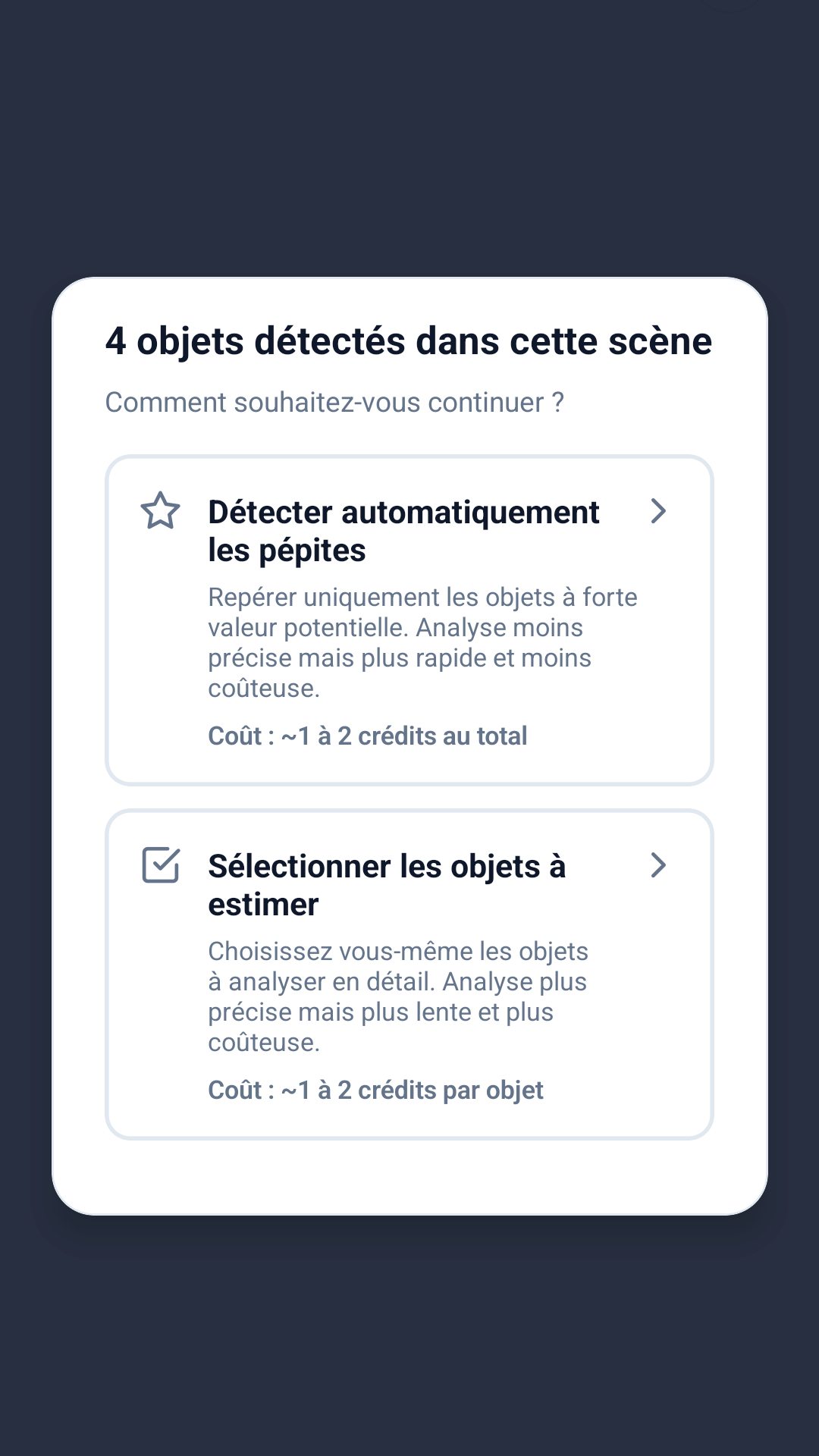 Choix entre détection automatique des pépites et sélection manuelle