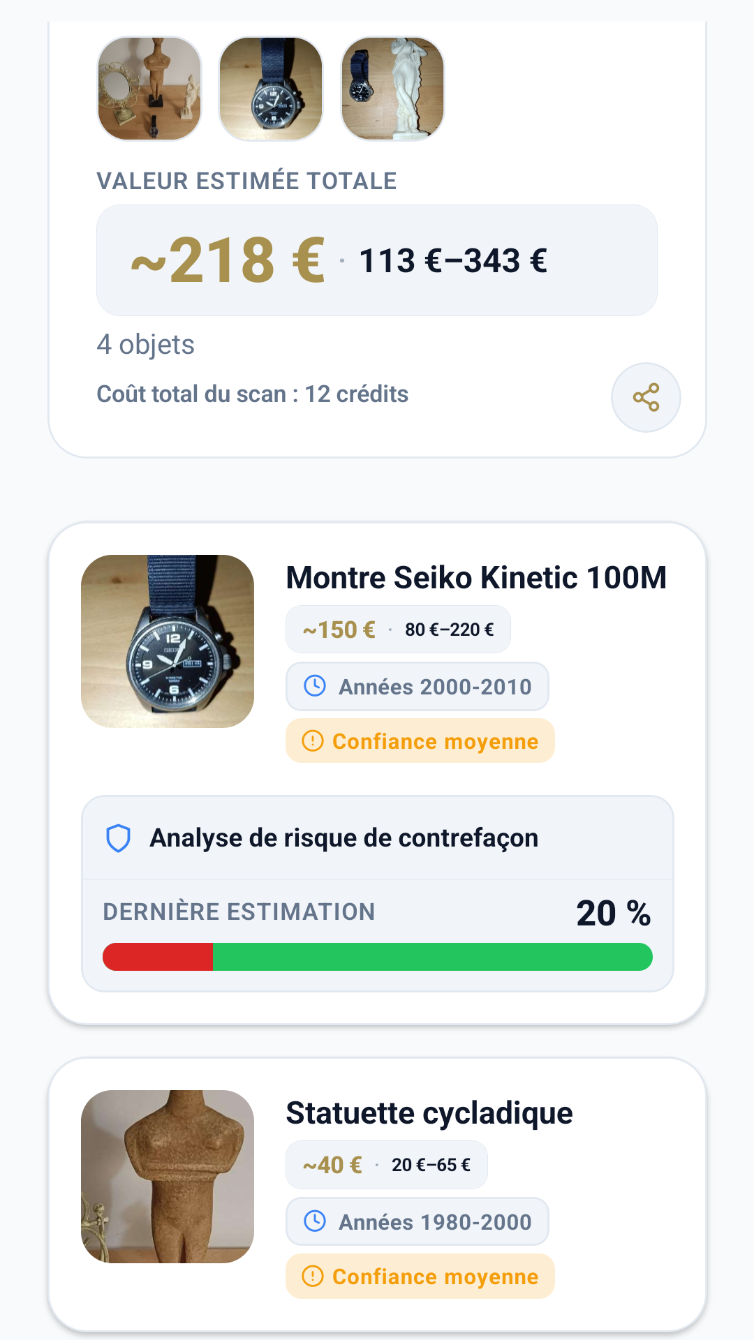 Résultats d'un scan avec valeur totale estimée et liste d'objets