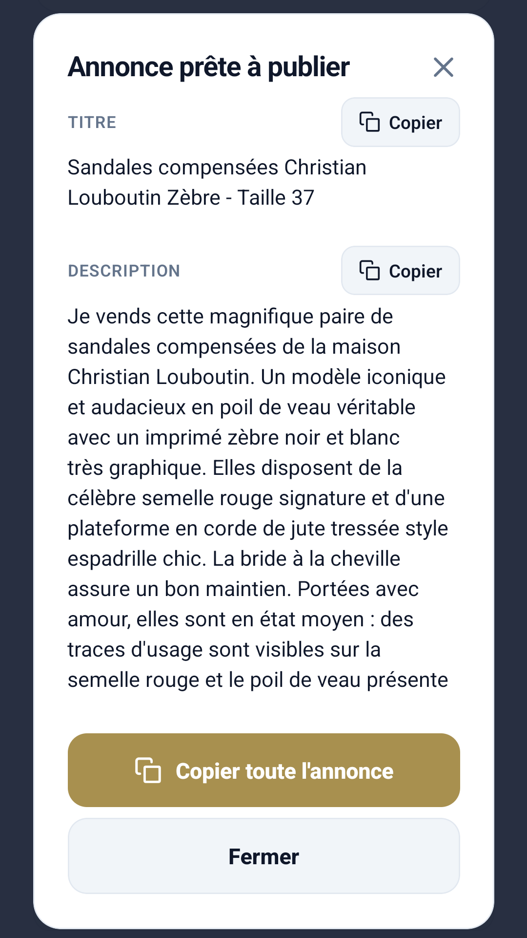 Annonce prête à publier générée pour un objet
